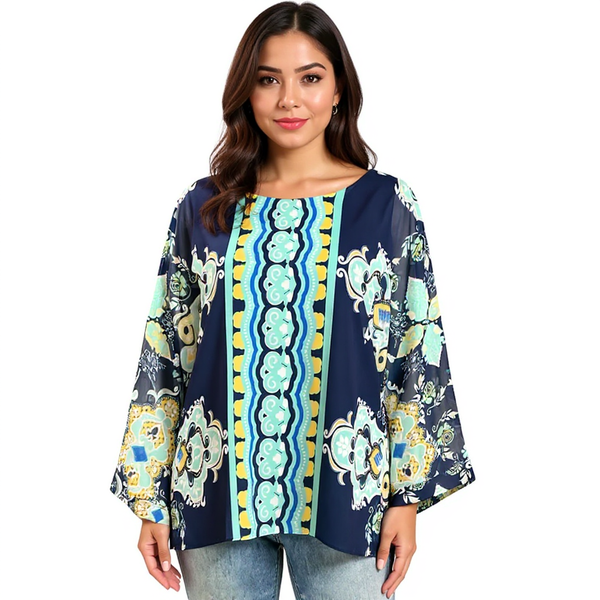 Colleen Lopez Navy/Aqua Print Pre-Owned Ladies Top - Size Medium