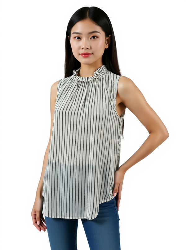 Banana Republic White/Silver Striped Pre-Owned Ladies Top - Size XS styled on model, featuring sleeveless design, ruffle mock neck, and high-low hem.