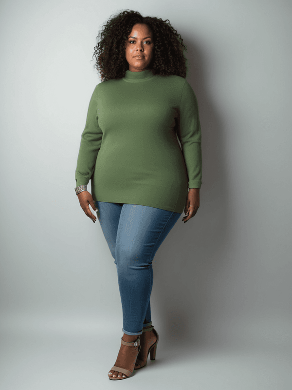 Coldwater Creek Sweater Size 2XL in green, styled with blue jeans and heels, available at Margaret’s Fine Consignments for plus-size fashion.
