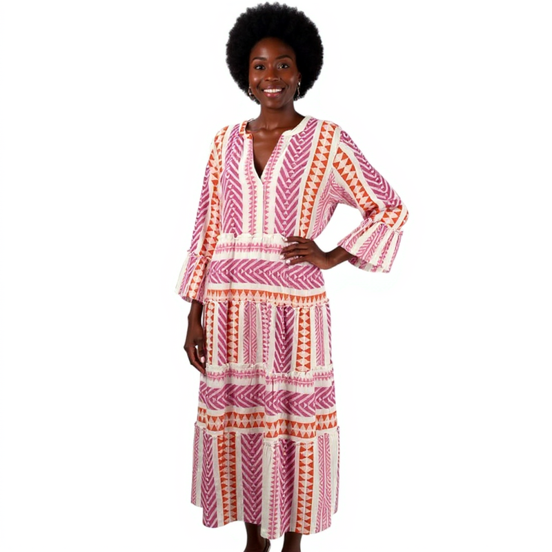 Mud Pie White/PInk/Orange Maxi Pre-Owned Ladies New with Tags Dress -Size Large