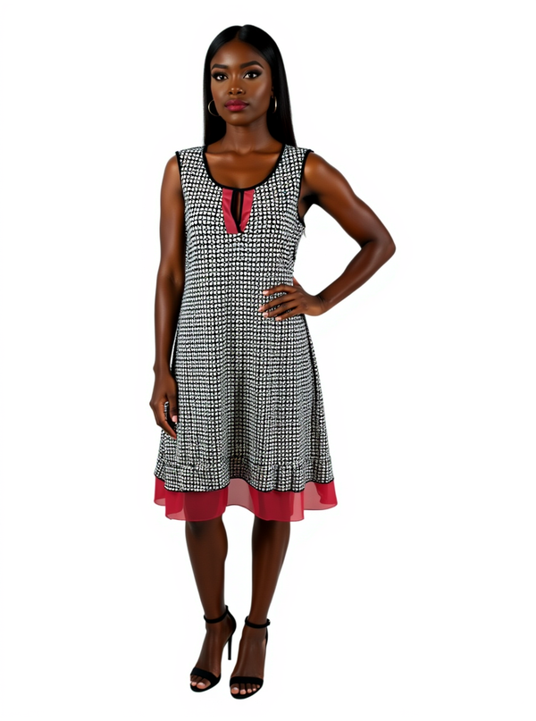 Perception Concept Navy/White Print Pre-Owned Ladies Dress - Size Medium modeled front view showing sleeveless A-line swing fit with coral hem accent.
