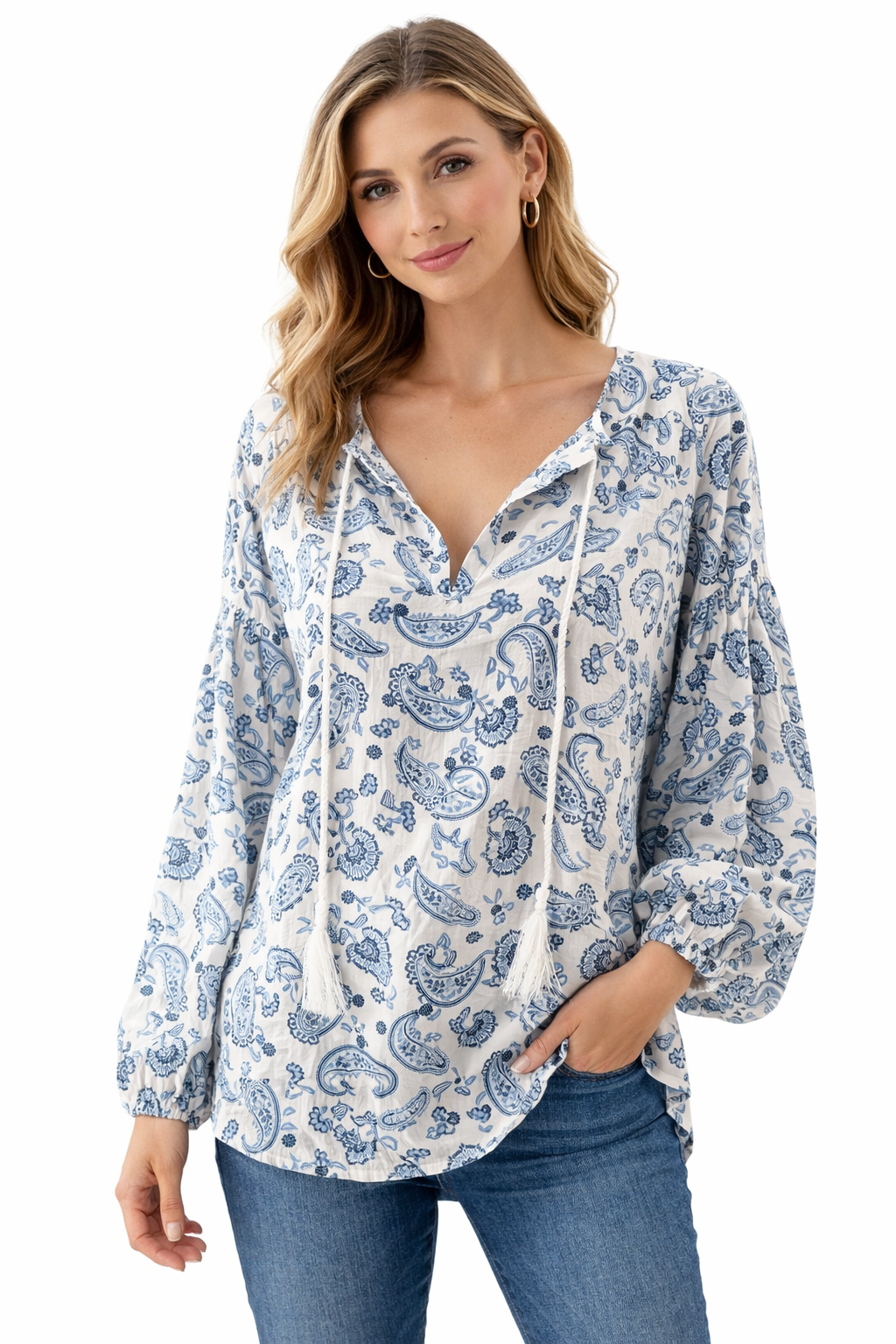 Lucky - White/Blue Paisley Pre-Owned Ladies Casual Top - Size Medium