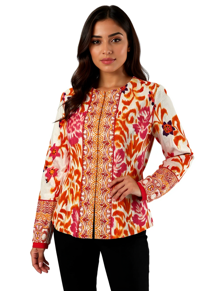 Indikka Orange/Multi Print Pre-Owned Ladies Jacket- Size Small - Margaret’s Fine Consignment