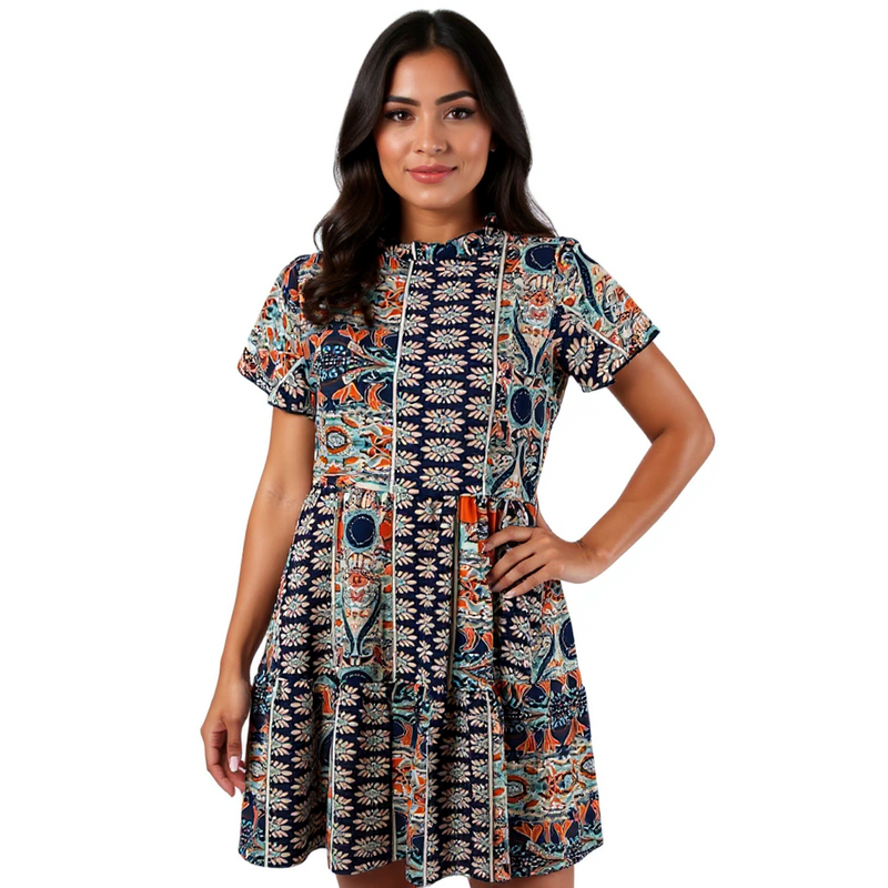 No Brand Orange/Navy Print Pre-Owned Ladies Dress - Size Medium