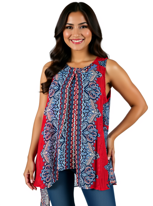 Tantrums Red/Blue Print Pre-Owned Ladies Top - Size Medium