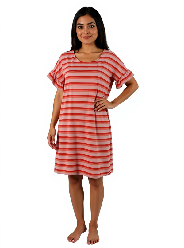 Shop pre-owned Lands' End coral striped ruffle sleeve dress in size M, modeled to show casual knee-length fit and soft t-shirt fabric.