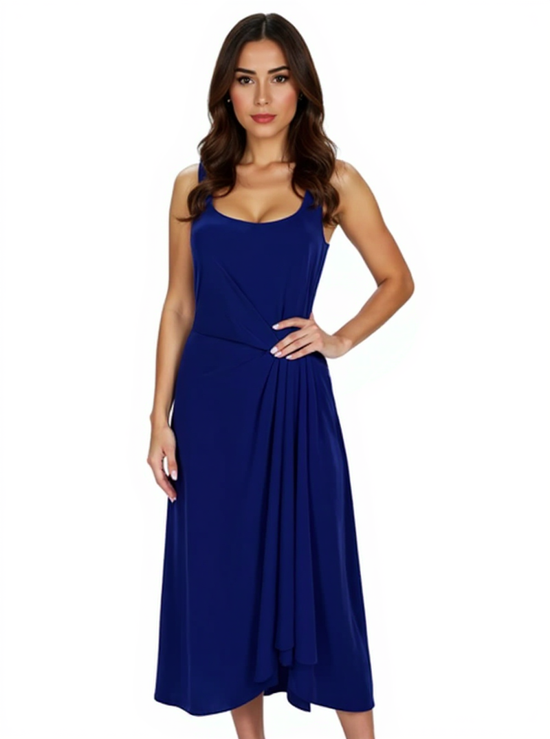 Lauren Bluish Purple Solid Pre-Owned Ladies Dress - Size 10 modeled front view, featuring sleeveless design and draped asymmetrical hem for formal occasions.