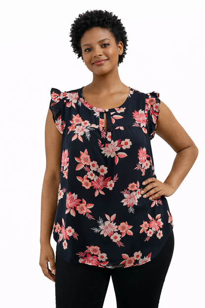 Loft Navy/Pink Floral Pre-Owned Ladies Top -  Size Large Petite