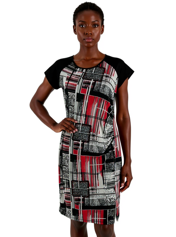 Dusak Designs black, white, and red abstract print shift dress modeled, size large, with cap sleeves and knee-length cut, ideal for office wear.