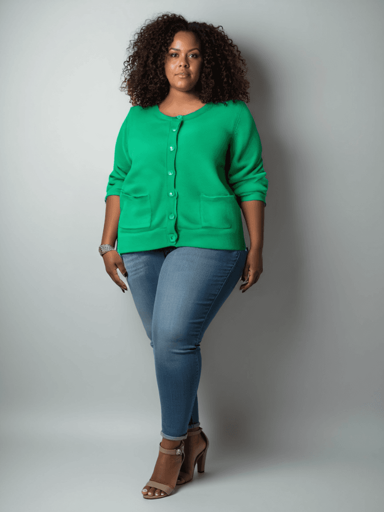 Leo & Nicole Size Petite Large green solid top styled with jeans and heels, available at Margaret's Fine Consignments for pre-loved fashion.