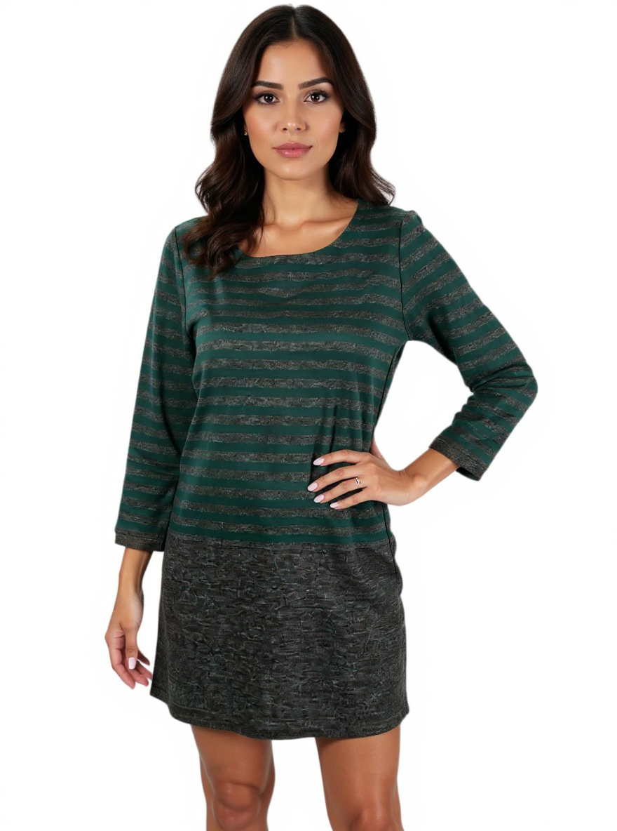 Loft green and gray striped ladies dress in size medium, featuring a classic design and comfortable fit.