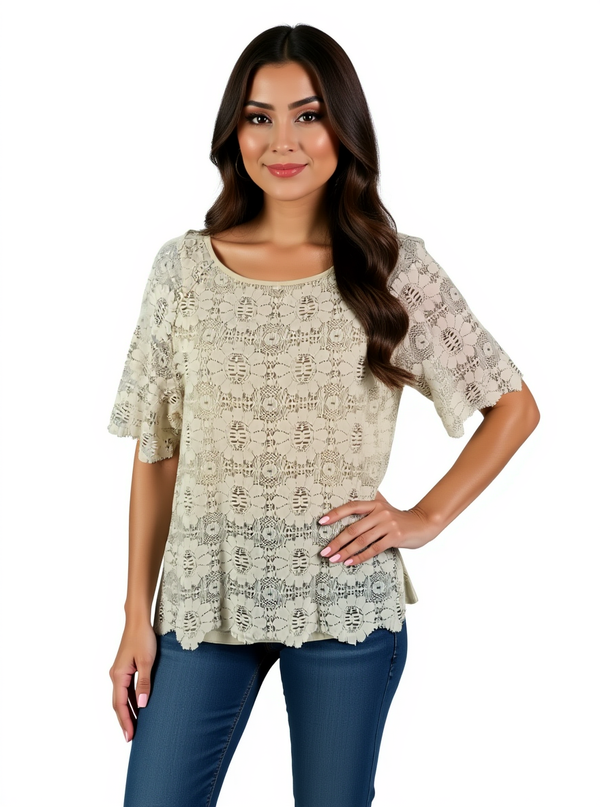 Lilla P Cream Lace Pre-Owned Ladies Top in Size XS, styled on model with short sleeves and floral lace overlay. Ideal for casual wear.