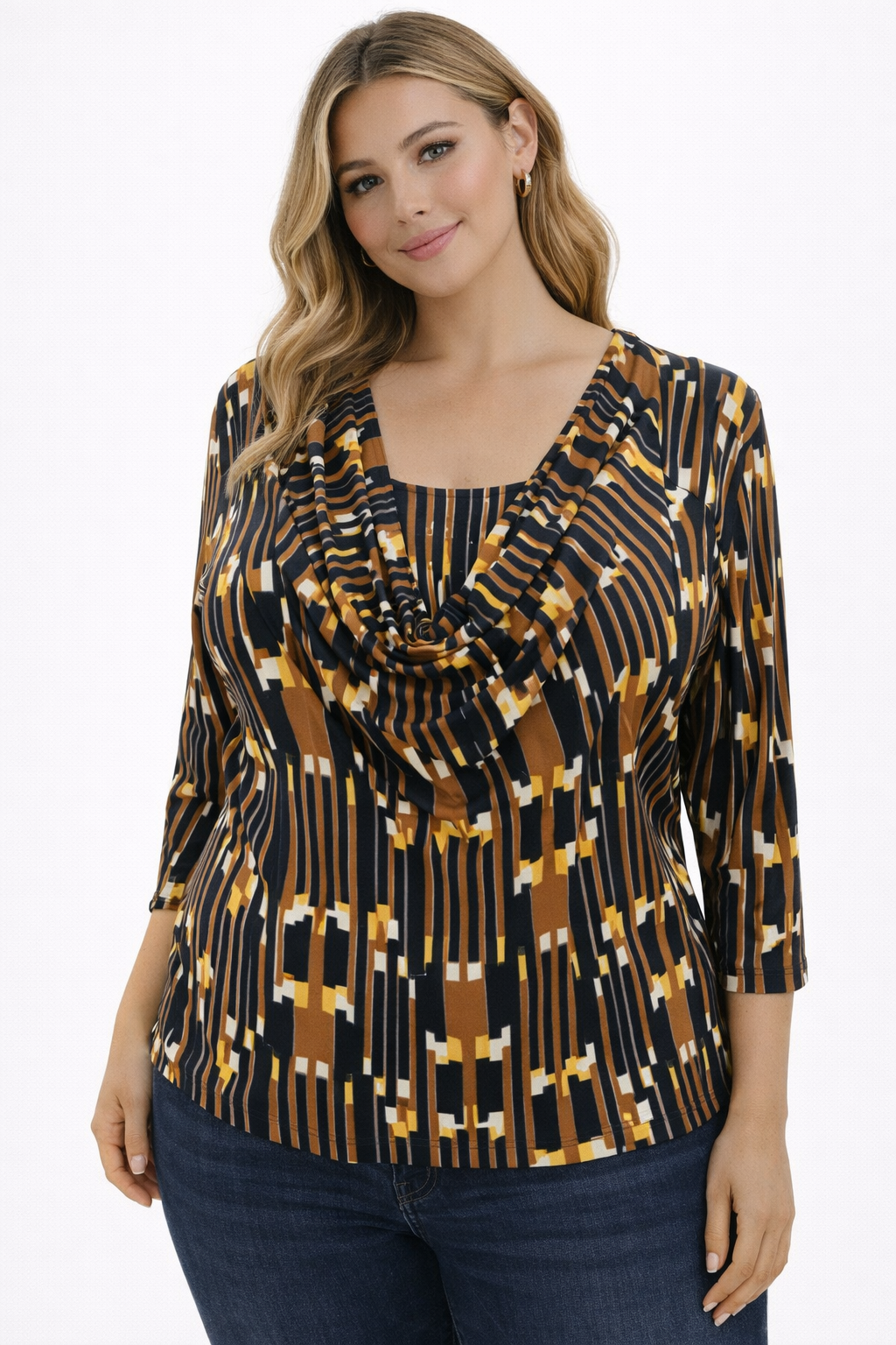 Ellen Tracy Navy/Yellow Print Pre-Owned Ladies Top - Size XL