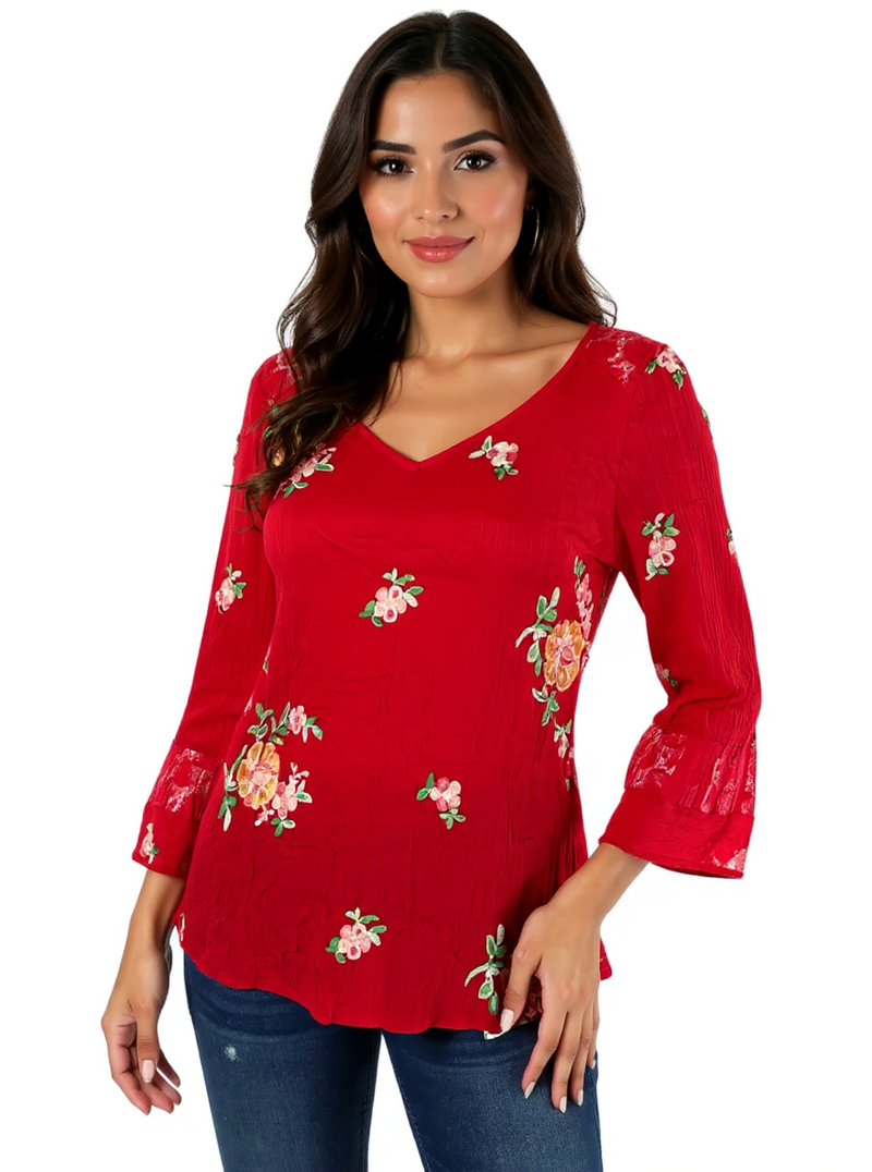 Fig & Flower Red/Multi Embroidered Pre-Owned Ladies Top - Size Small