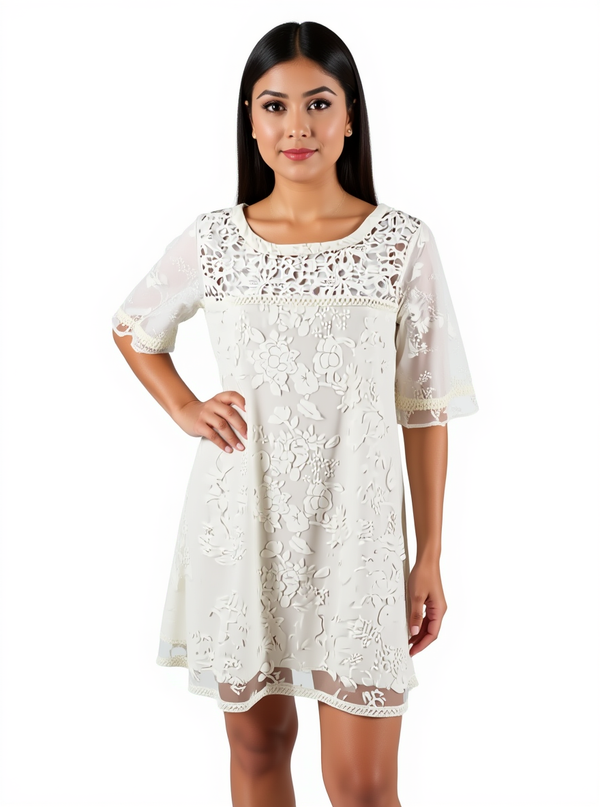 Catherine Cream Floral Pre-Owned Ladies Dress in size large modeled to show front lace yoke and jacquard floral pattern, ideal for parties.