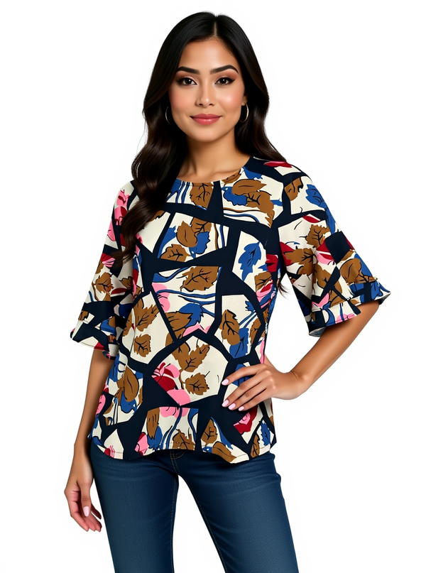 Jade Navy/White/Pink/Brown Print Pre-Owned Ladies Top - Size Medium
