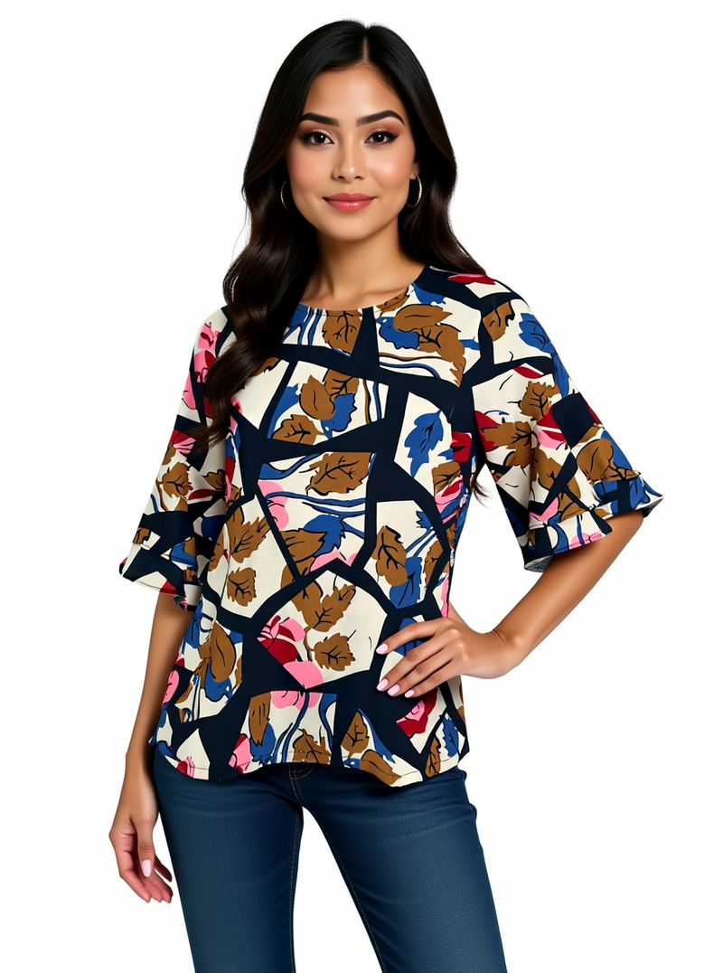 Jade Navy/White/Pink/Brown Print Pre-Owned Ladies Top - Size Medium