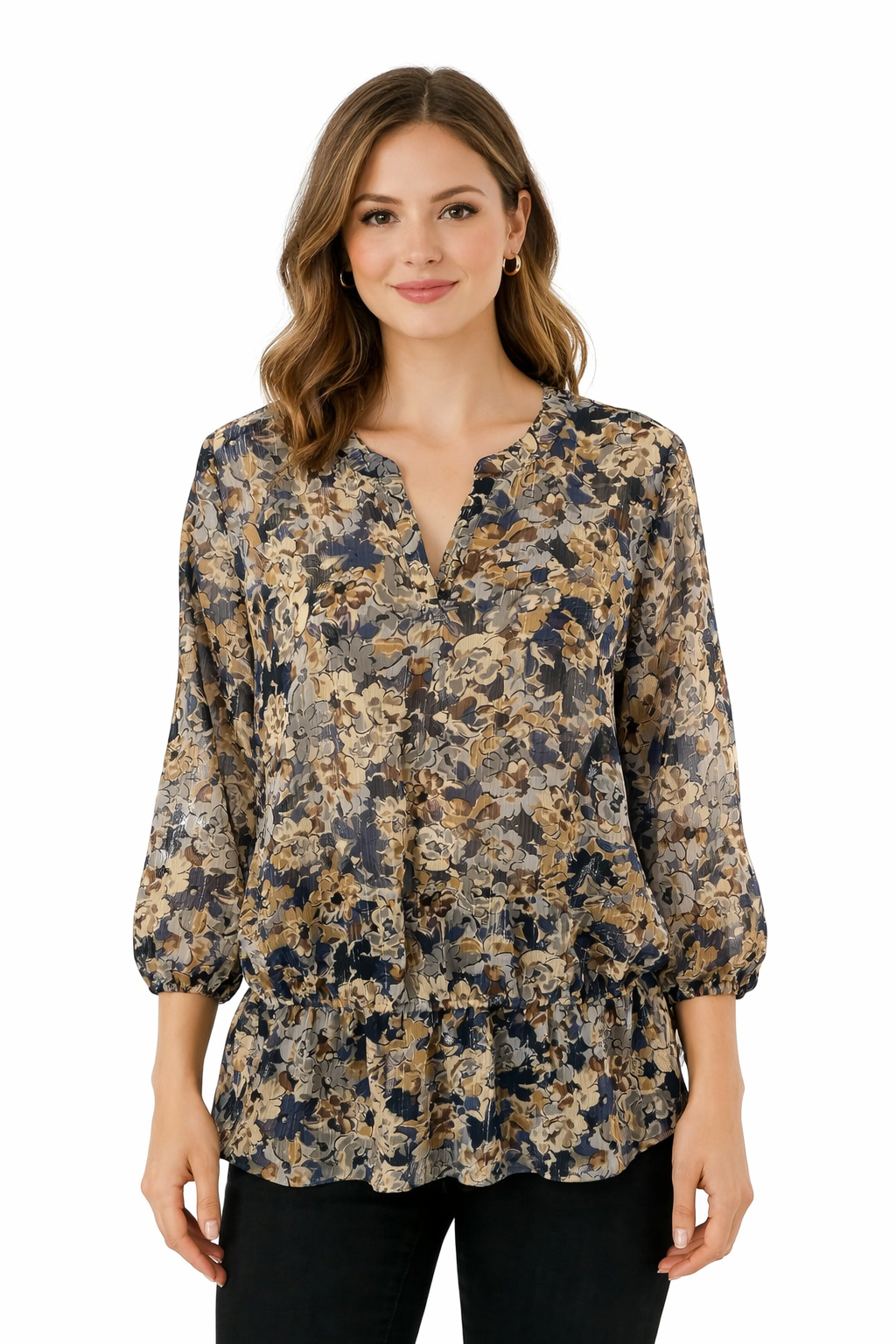 Liz Claiborne Brown/Blue Floral Pre-Owned Ladies Top - Size Medium - Margaret’s Fine Consignment