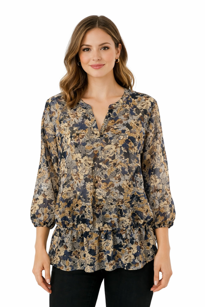 Liz Claiborne Brown/Blue Floral Pre-Owned Ladies Top - Size Medium - Margaret’s Fine Consignment