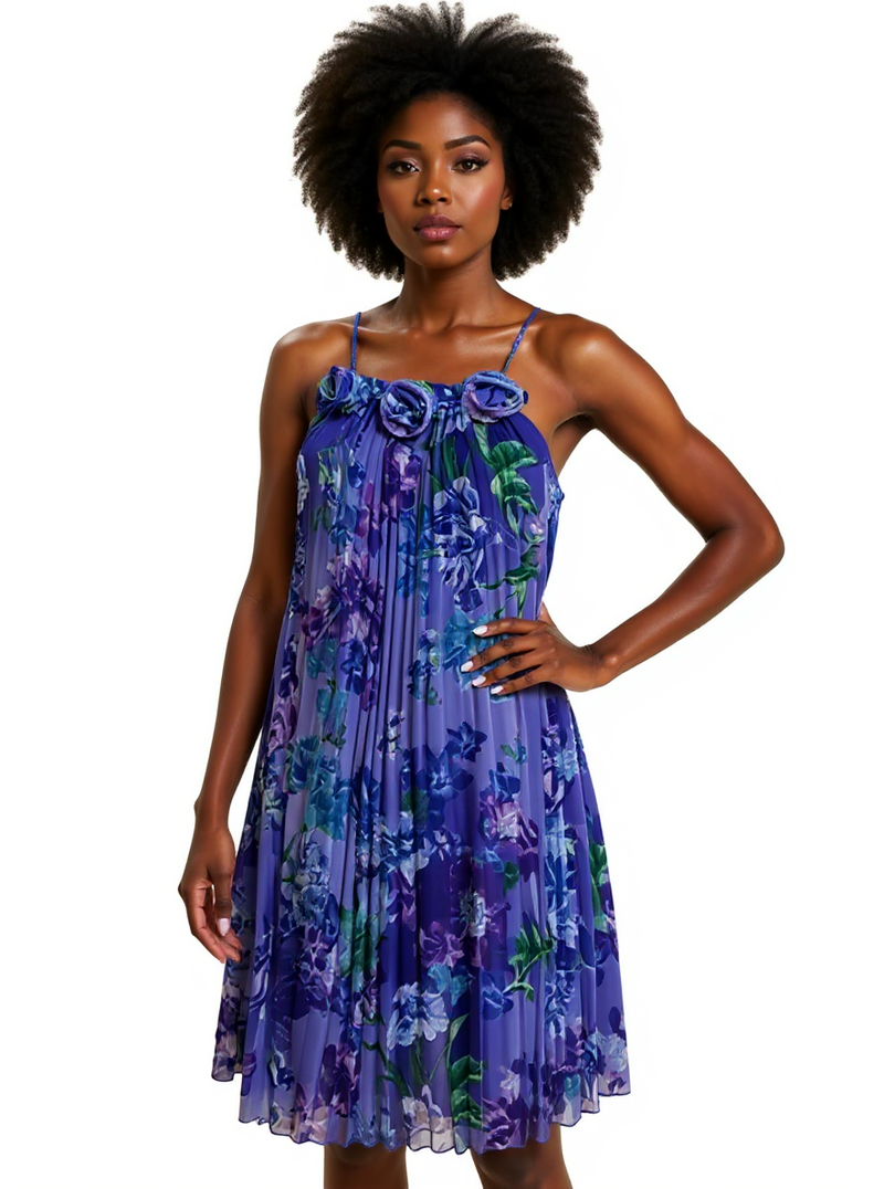 Argenti Purple Floral Rosette Pleated Halter Dress in size 6, featuring a flowy A-line silhouette and chiffon fabric, ideal for cocktail events.