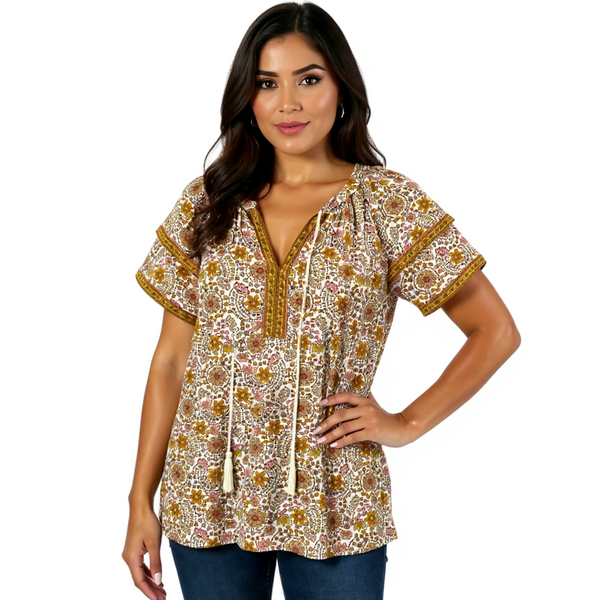 DR2 Mustard/Cream Floral Pre-Owned Ladies Top - Size Large