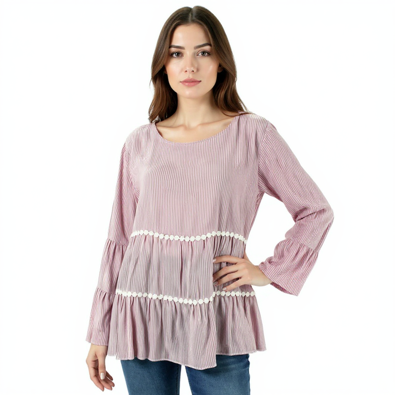 Duffield Lane Pink/White Stripe Pre-Owned Ladies Casual Top - Size Large