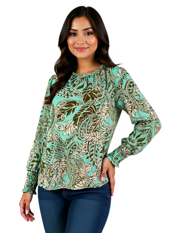 Sunny Leigh Aqua/Olive Floral Pre-Owned Ladies Top - Size Medium