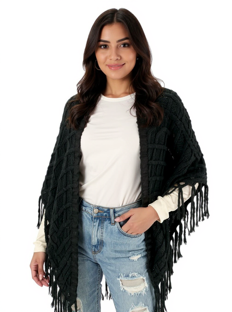 Aerie Black Fringe Pre-Owned Ladies Poncho - Size One Size Fits Most