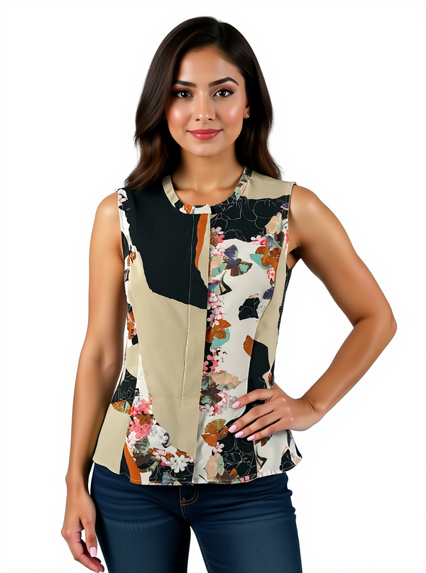 Phillip Tan/White/Black Floral Pre-Owned Ladies Top - Size Medium