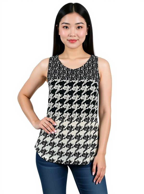 Cabi Pixel Houndstooth Tank Top Black & White Style 3090 in size XS, modeled front view showing sleeveless tunic fit and modern print.