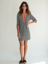 Gretchen Scott Navy & White Stripe Dress – Size Medium modeled with red trim and 3/4 sleeves, perfect for a casual chic look.