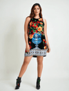 Nicole Miller Black & Multi Floral Dress – Size 6 modeled, sleeveless with vibrant floral vase print and above-knee hemline, new with tags.