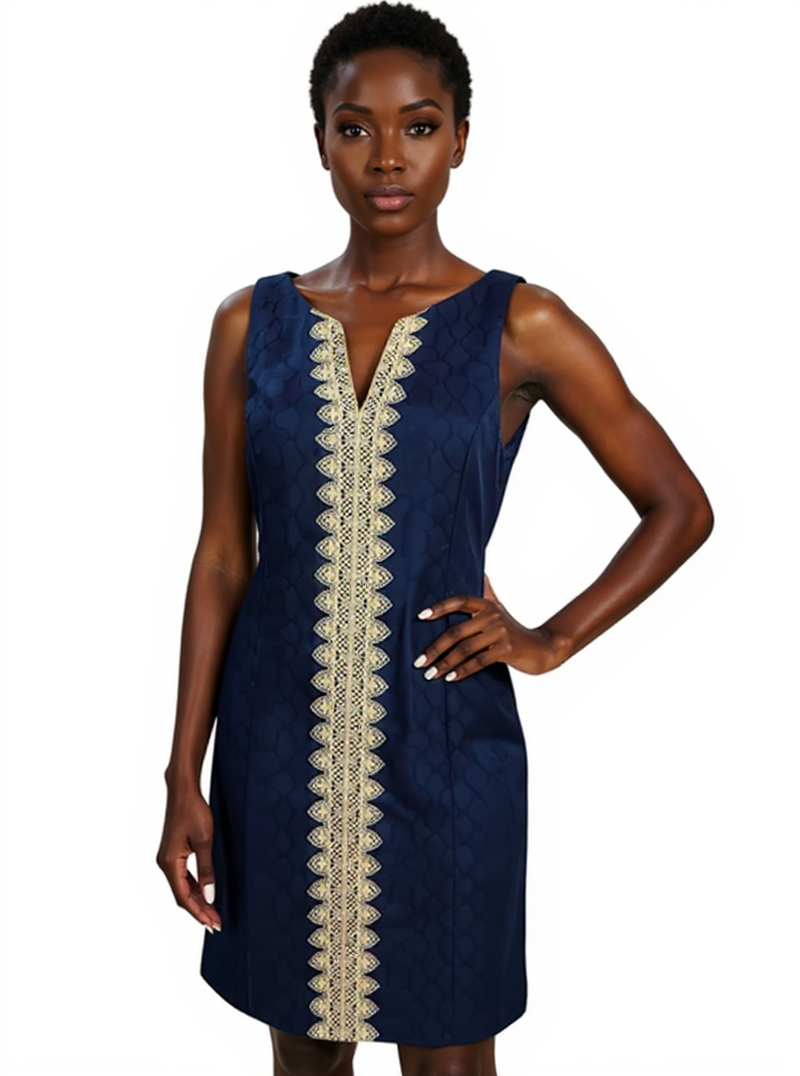 Cappagallo Navy/Gold Solid Pre-Owned Ladies Dress - Size 8 modeled to show sleeveless sheath silhouette with gold scalloped trim and notched neckline.