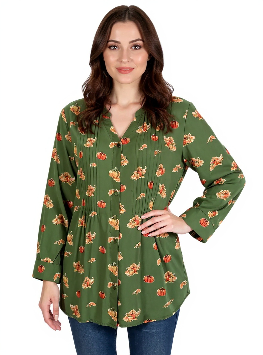 Coldwater Creek pre-owned ladies top featuring green and orange pumpkins, size 1X, displayed on a plain background.