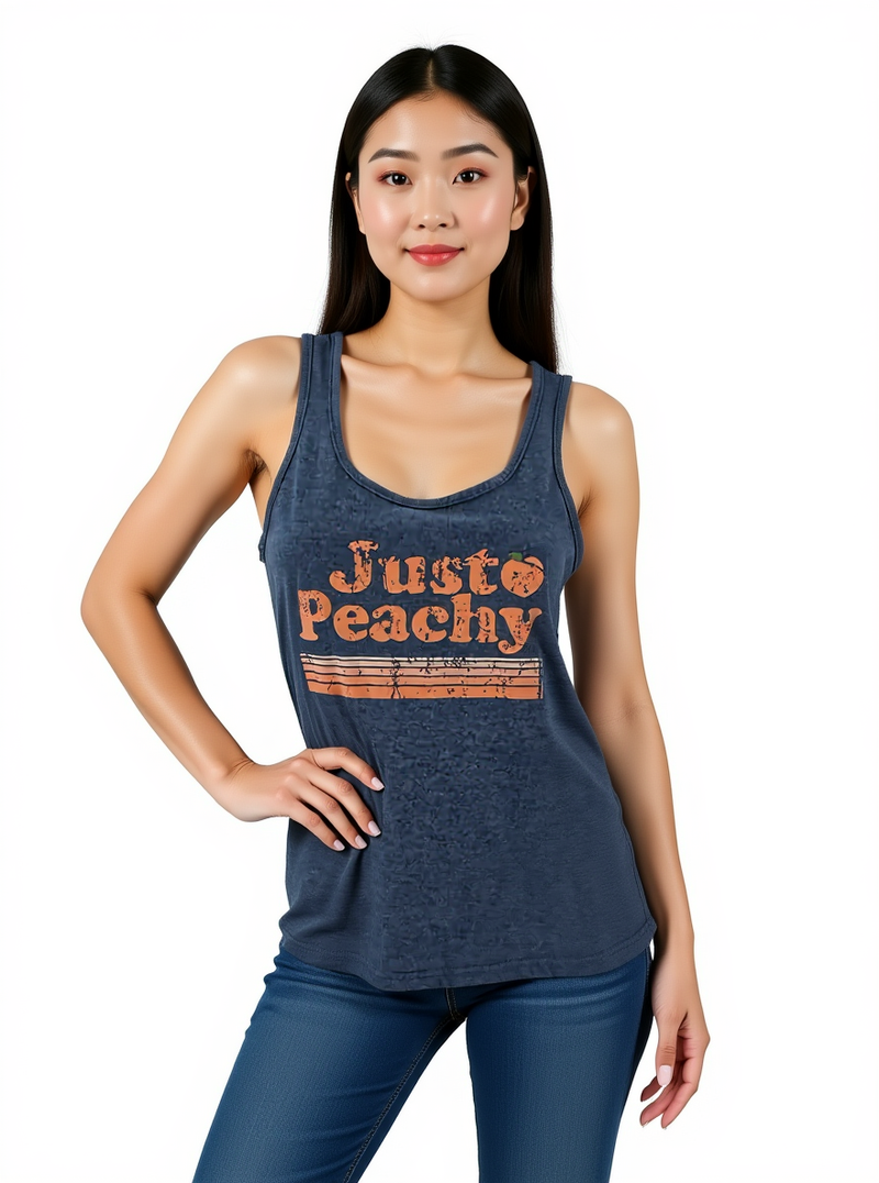 Pre-owned Shein 'Just Peachy' graphic racerback tank top in navy blue, size small, modeled for casual summer wear.