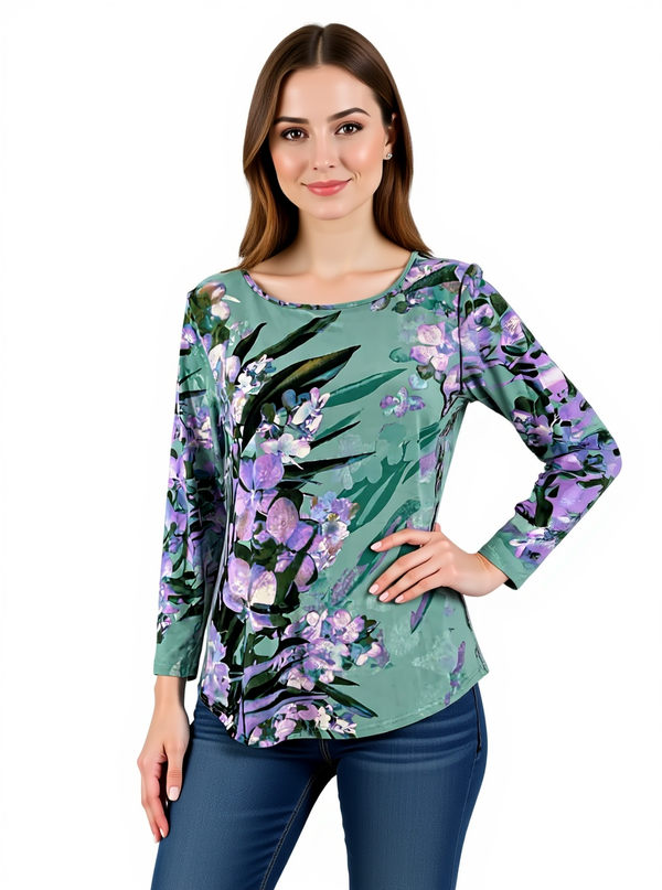 Bob Mackie Green/Purple Floral Pre-Owned Ladies Top in size XS, modeled with 3/4 sleeves, boat neck, and tropical floral print.
