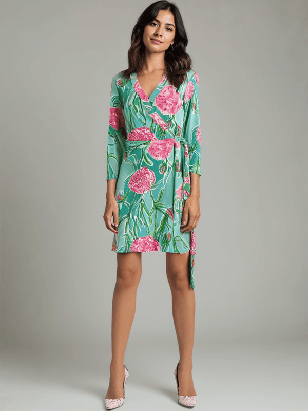 Lilly Pulitzer Dress Size Medium in aqua, green, and pink floral print modeled with long sleeves and wrap design at Margaret's Fine Consignments.