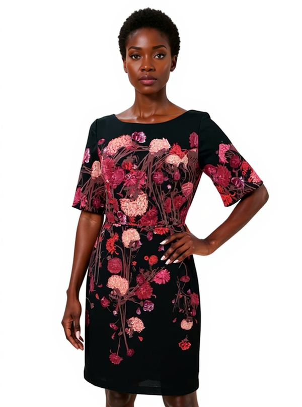 Adrianna Papell Black/Pink Floral Pre-Owned Ladies Dress - Size 8 modeled with elbow sleeves, boat neck, and vibrant floral print for cocktail or work events.