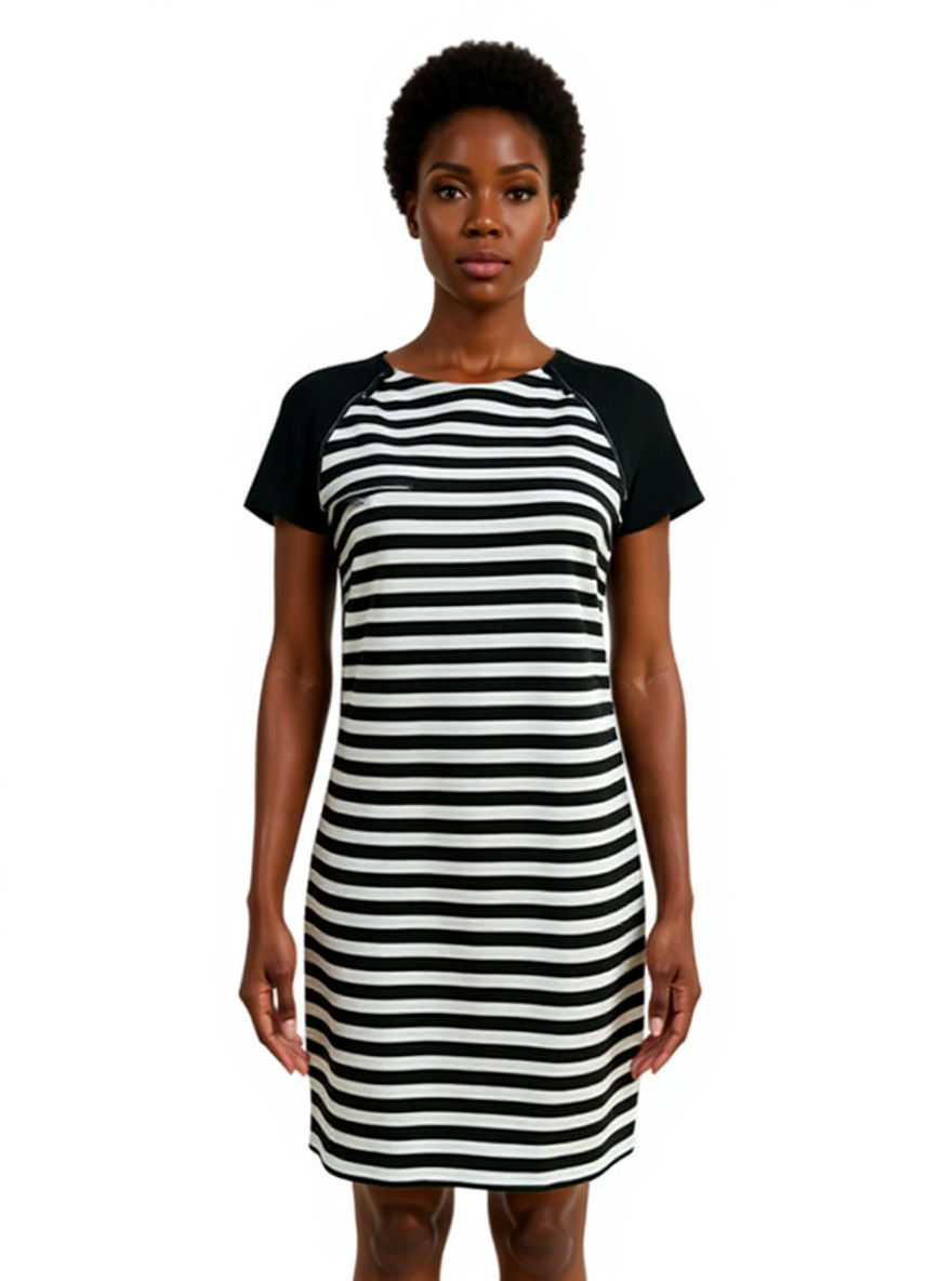 Michael Kors Black/White Stripe Pre-Owned Ladies Dress Size 6 modeled front view. Features cap sleeves, sheath silhouette, and knee-length cut.
