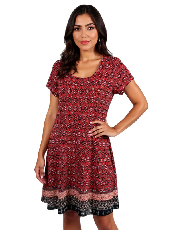 Western Connection orange navy geometric print A-line midi dress size L modeled with short sleeves and scoop neckline, ideal for casual travel wear.