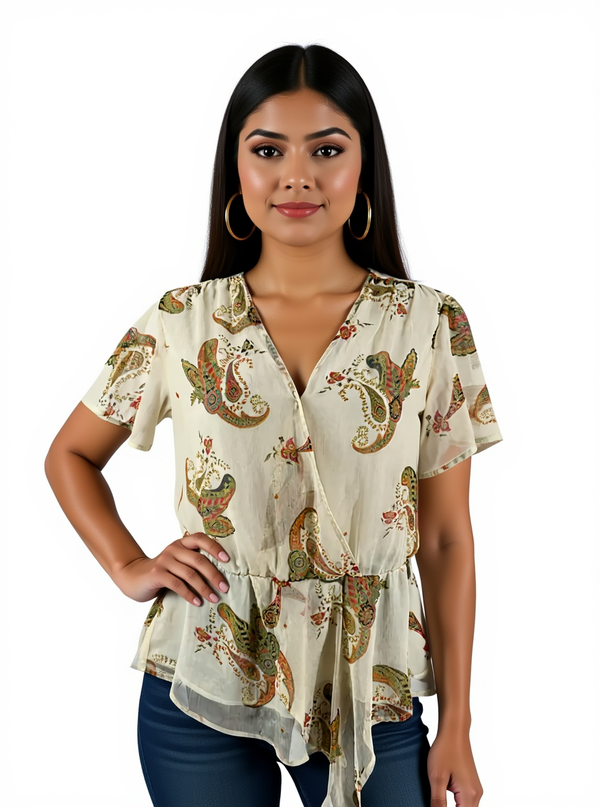 Vince Camuto Cream/Rust Floral Pre-Owned Ladies Top - Size Medium