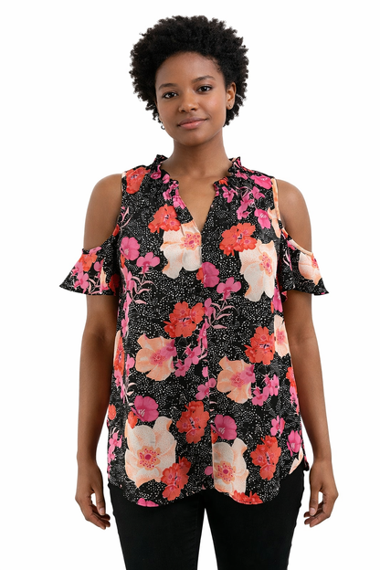 Charter Club Black/Pink/Orange Floral Pre-Owned Casual Top -  Size Small Petite
