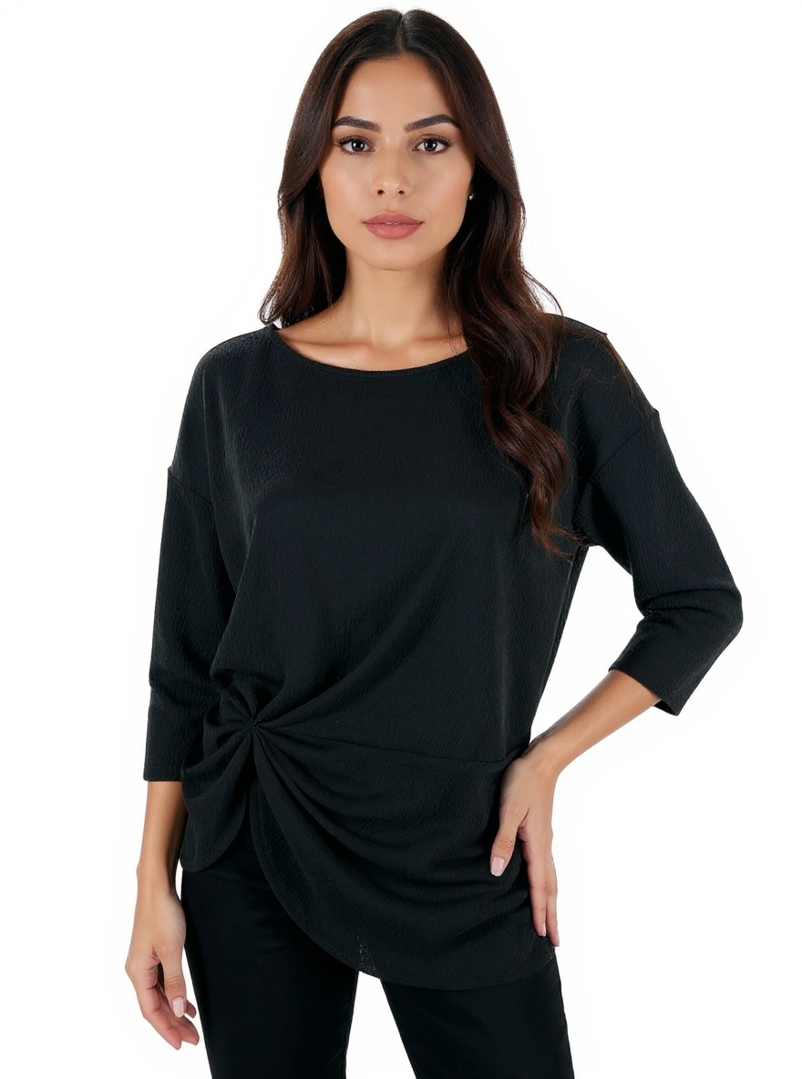 Vince Camuto black pre-owned ladies top, size small, features boat neck, twist front, drop shoulder, and asymmetrical design.