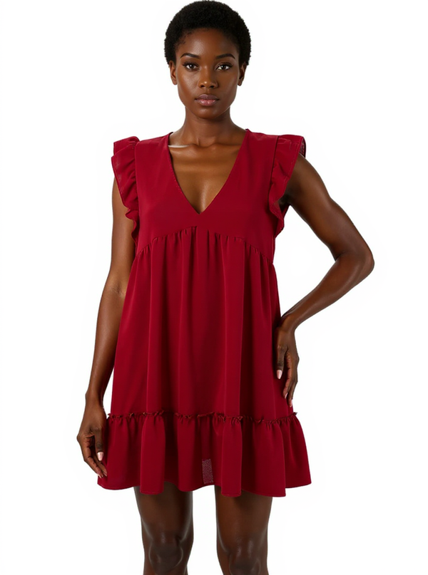 Altar'd State red solid pre-owned ladies babydoll mini dress with v-neck, flutter sleeves, and tiered ruffle hem in size large, modeled front view.