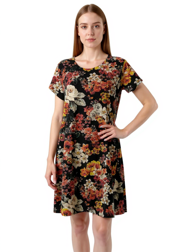 Kimchi Blue Black/Cream/Red Floral Pre-Owned Ladies Dress - Size Large modeled front view, featuring A-line swing silhouette and short sleeves.