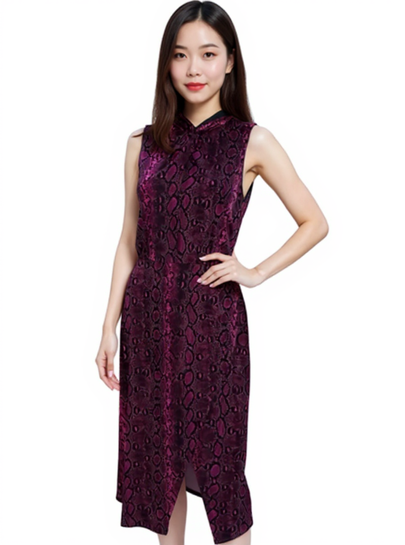 Pre-owned MICHAEL Michael Kors fuchsia and black snakeprint midi dress in size XS, featuring a sleeveless bodycon sheath fit with mandarin collar.