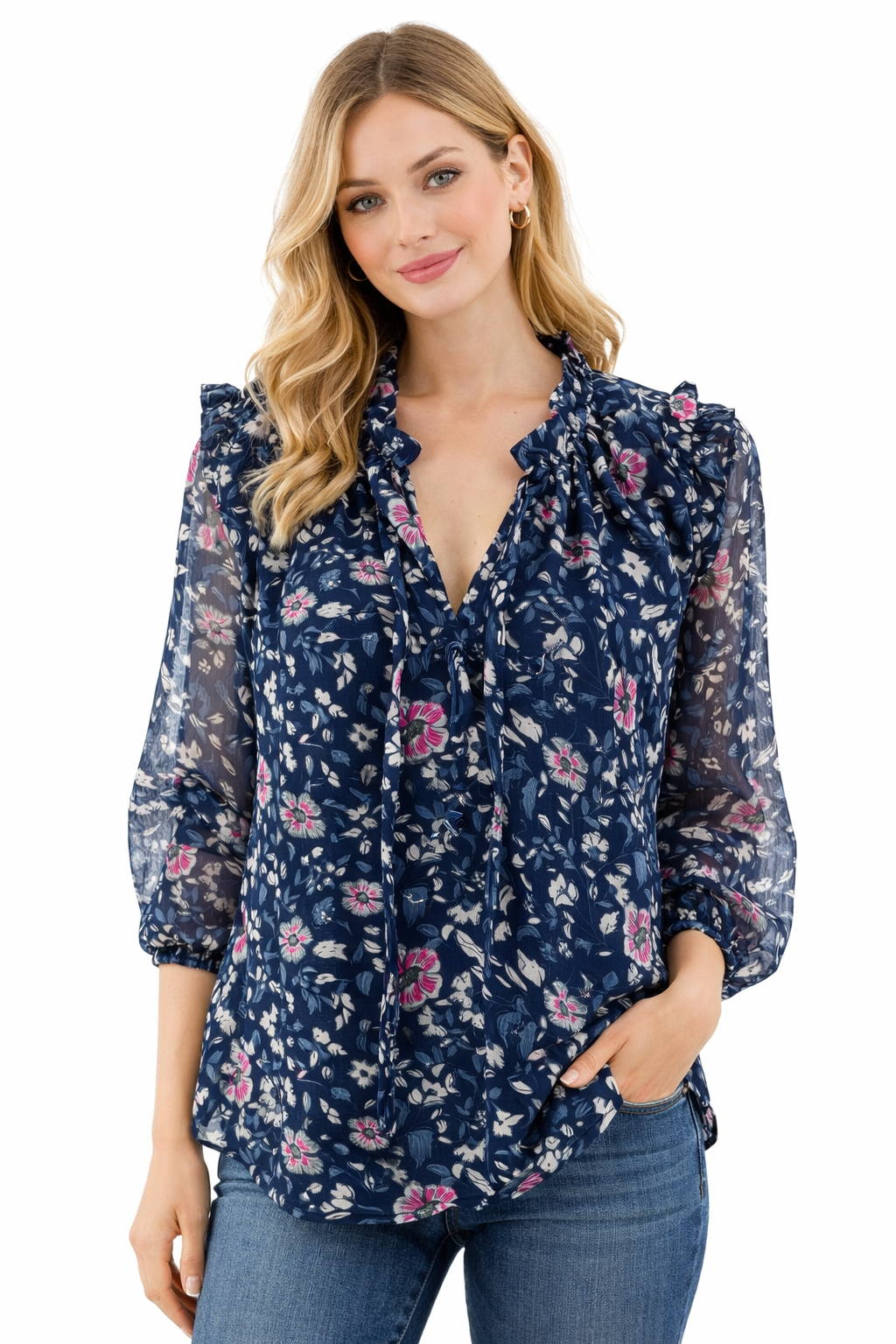 Vineyard Vines - Navy/Pink/White Floral Pre-Owned Casual Top - Size XS