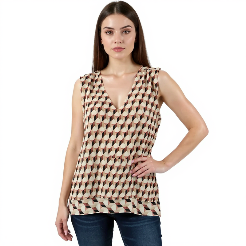 White House Black Market Tan/Rust Print Pre-Owned Ladies Casual Top - Size Large