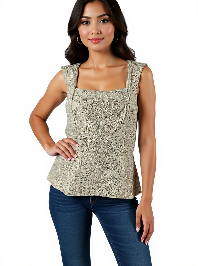 White House Black Market Cream/Gold Floral Pre-Owned Ladies Top - Size 8