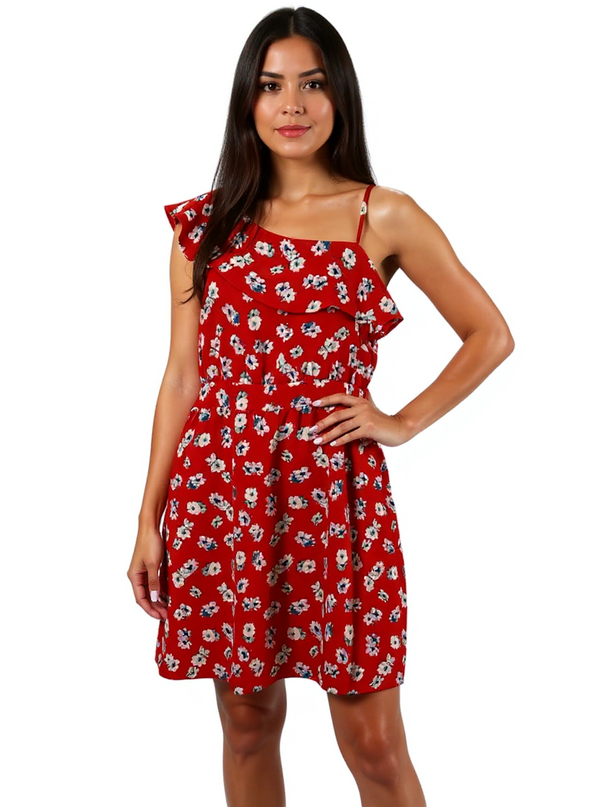 Xhiliration Orange/Multi Floral Pre-Owned Ladies Dress - Size Large modeled front view. Features one-shoulder ruffle neckline and A-line fit.